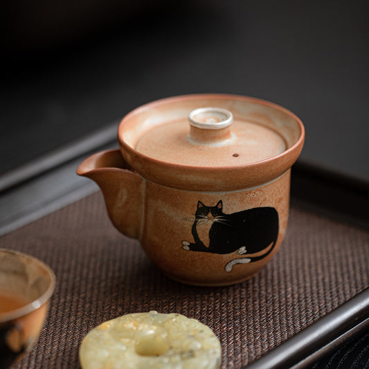 Gohobi Handmade Black Ink Hand-painted Cat Gaiwan 002 Hohin Teapot