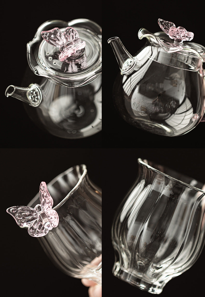 Gohobi Butterfly High Borosilicate Glass Tea Cup and Teapot Set – Heat-Resistant Transparent Gongfu Tea Set for Home and Office