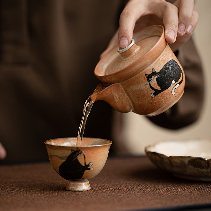 Gohobi Handmade Black Ink Hand-painted Cat Gaiwan 002 Hohin Teapot