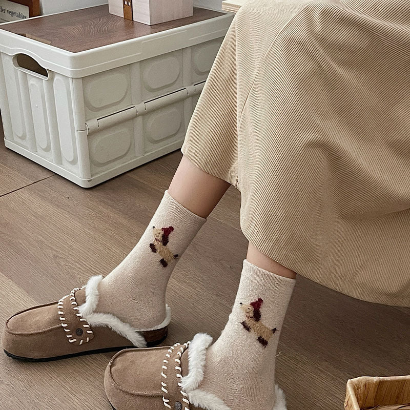 Gohobi Fleece-Lined Puppy Print Winter Women Socks