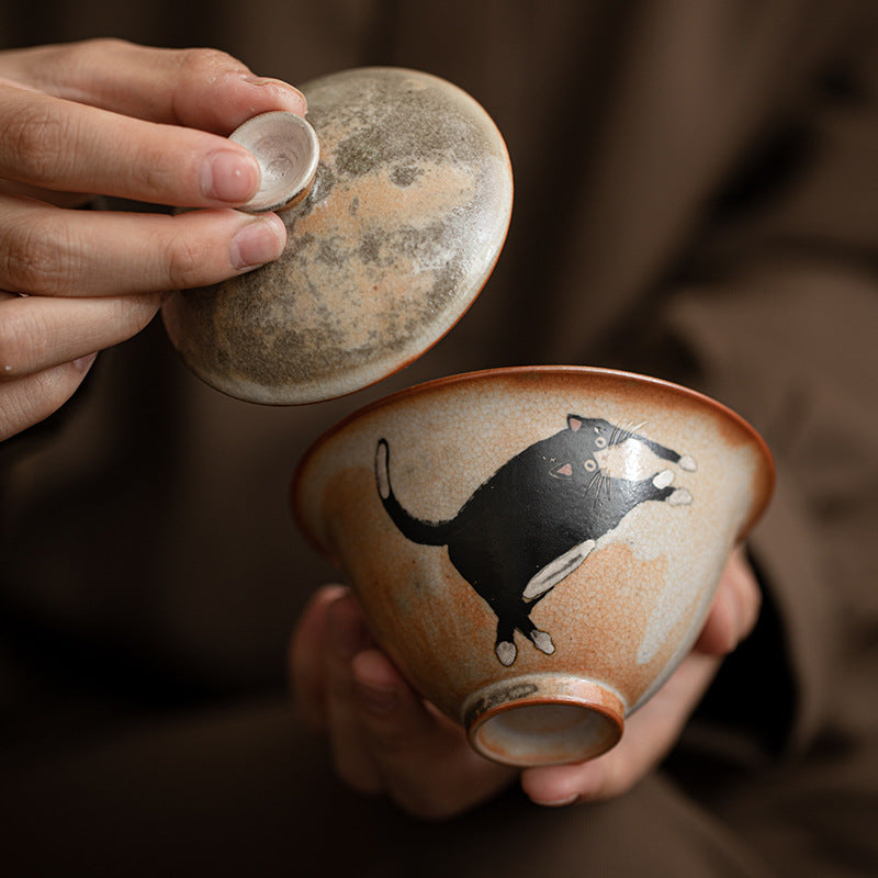 Gohobi Handmade Black Ink Hand-painted Cat Gaiwan 001