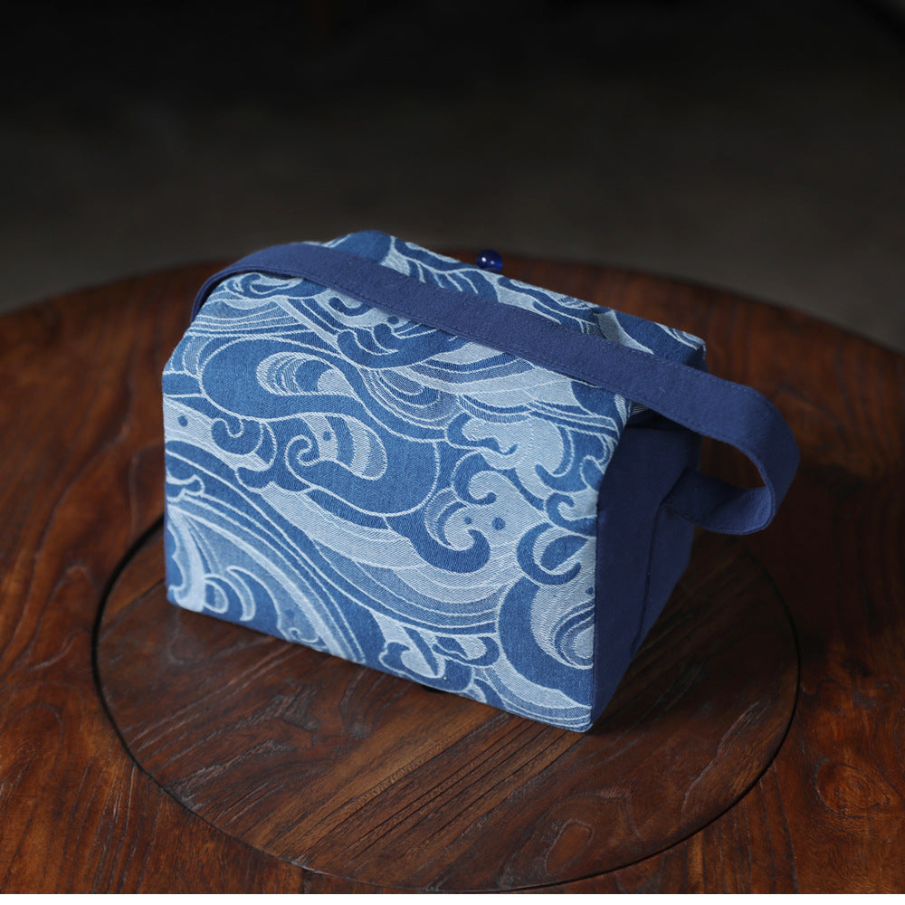 Gohobi Large Blue Wave Pattern Teaware Storage Travel Bag Shifuku