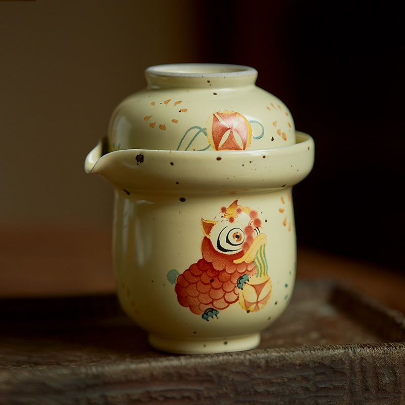 Gohobi Hand-painted Dance Lion Gaiwan Set Hohin Teapot