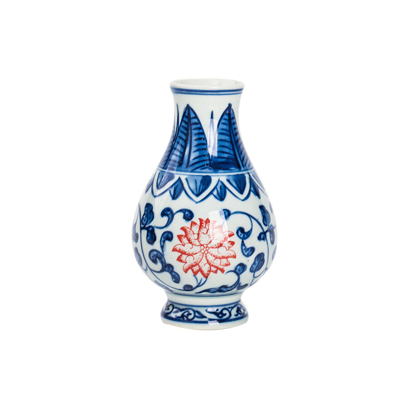 Vase en porcelaine bleu et blanc peint à la main Gohobi (fleurs rouges)