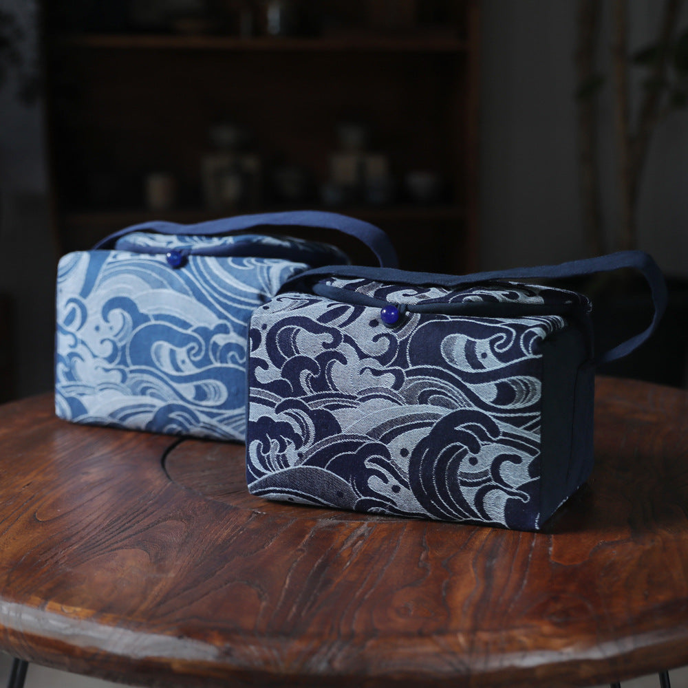 Gohobi Large Blue Wave Pattern Teaware Storage Travel Bag Shifuku