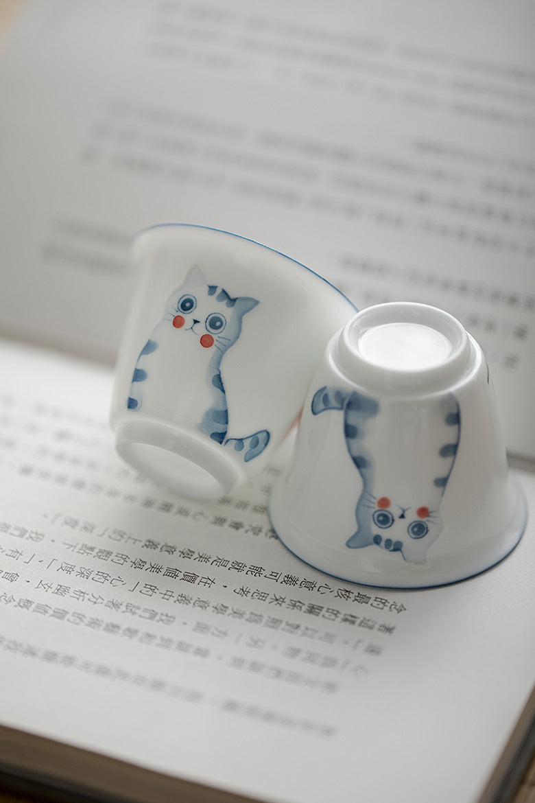 Gohobi Hand-Painted Cat & Peach Teacup
