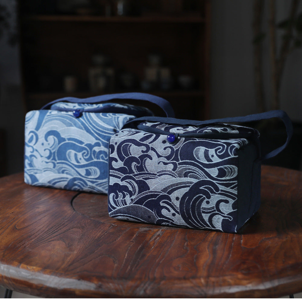 Gohobi Large Blue Wave Pattern Teaware Storage Travel Bag Shifuku