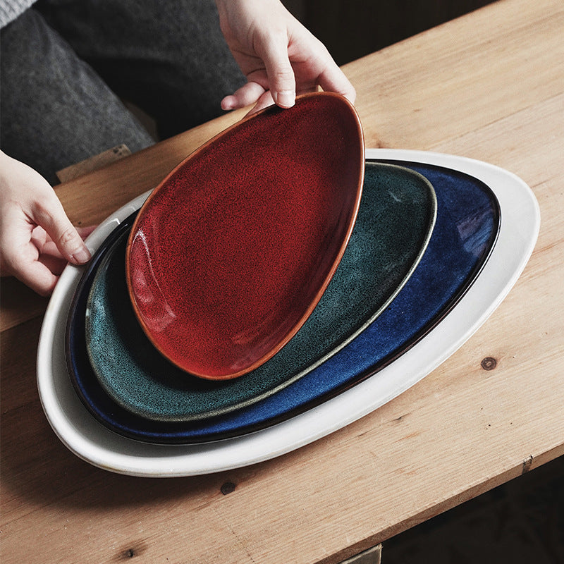Gohobi Japanese Kiln-Glazed Irregular Oval Plate