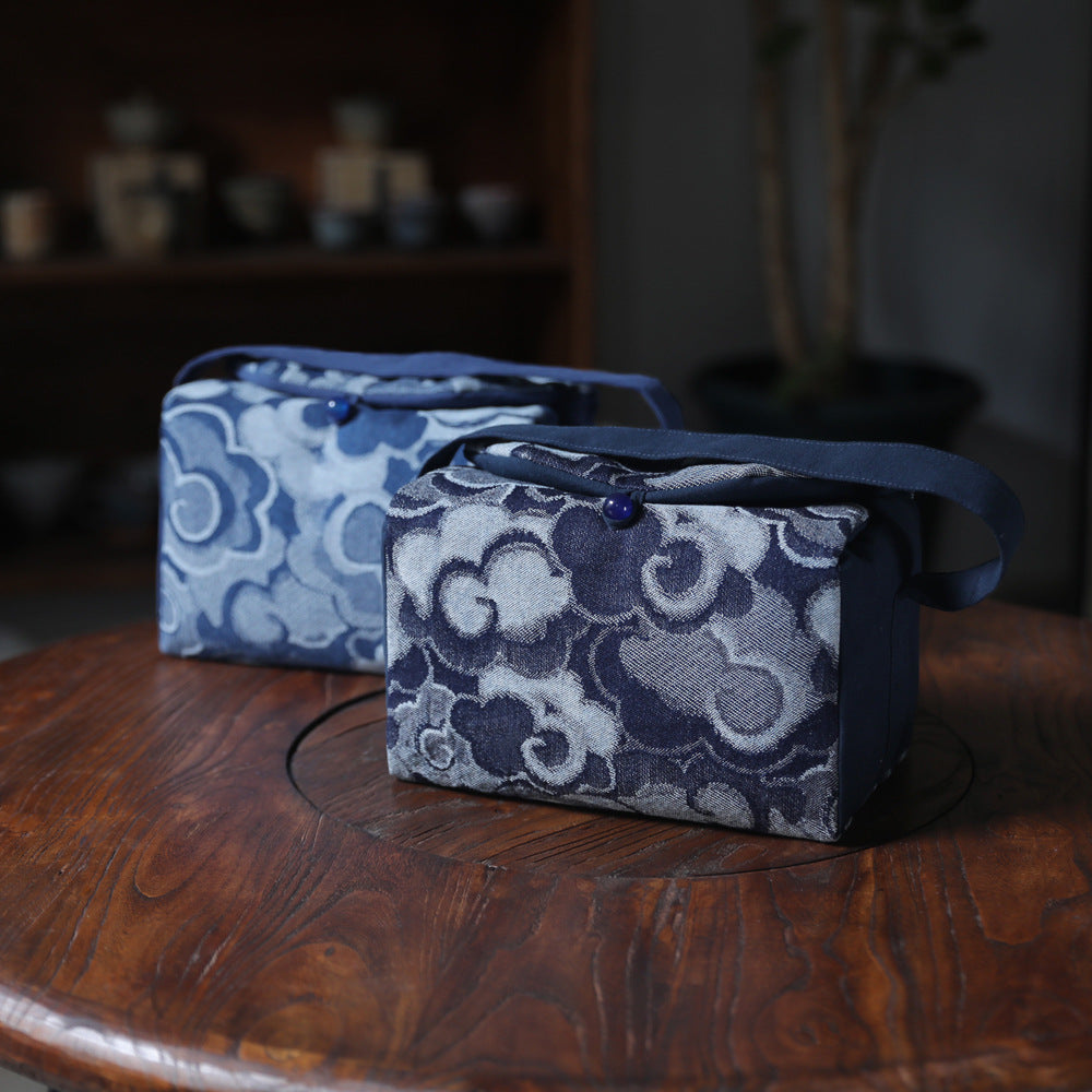 Gohobi Large Blue Wave Pattern Teaware Storage Travel Bag Shifuku