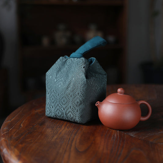 Gohobi Green Weaving Brocade Teaware Storage Travel Bag Shifuku