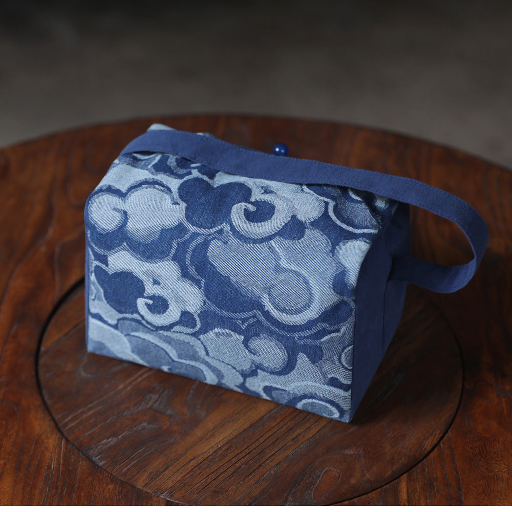Gohobi Large Blue Wave Pattern Teaware Storage Travel Bag Shifuku