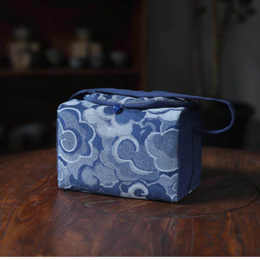 Gohobi Large Blue Wave Pattern Teaware Storage Travel Bag Shifuku