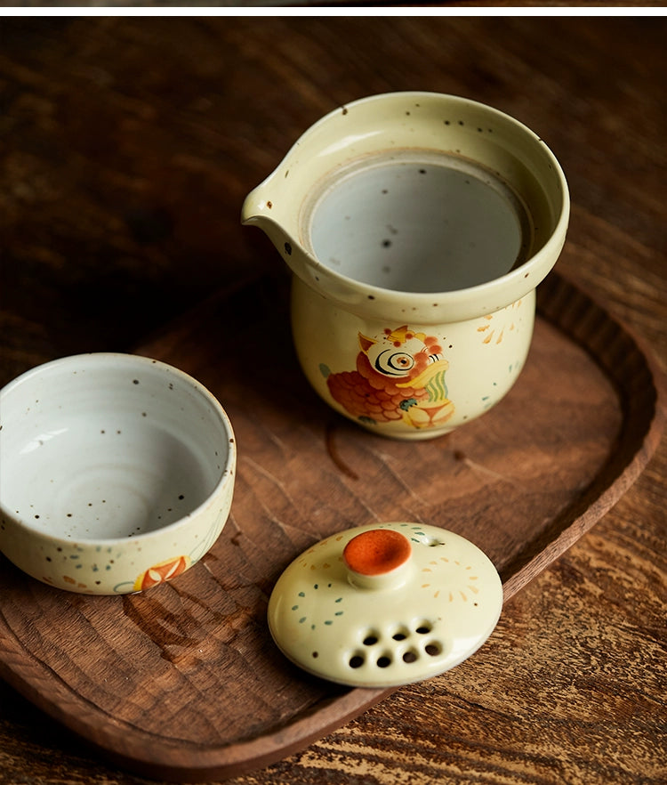 Gohobi Hand-painted Dance Lion Gaiwan Set Hohin Teapot
