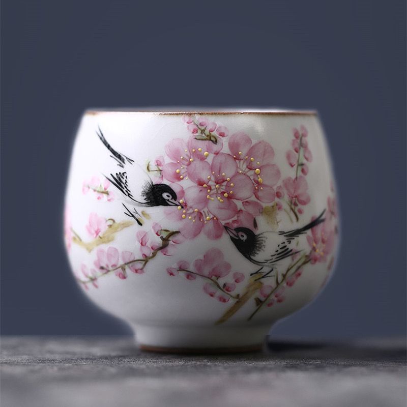 Gohobi Hand-painted Peach Blossom Bird Tea Cup
