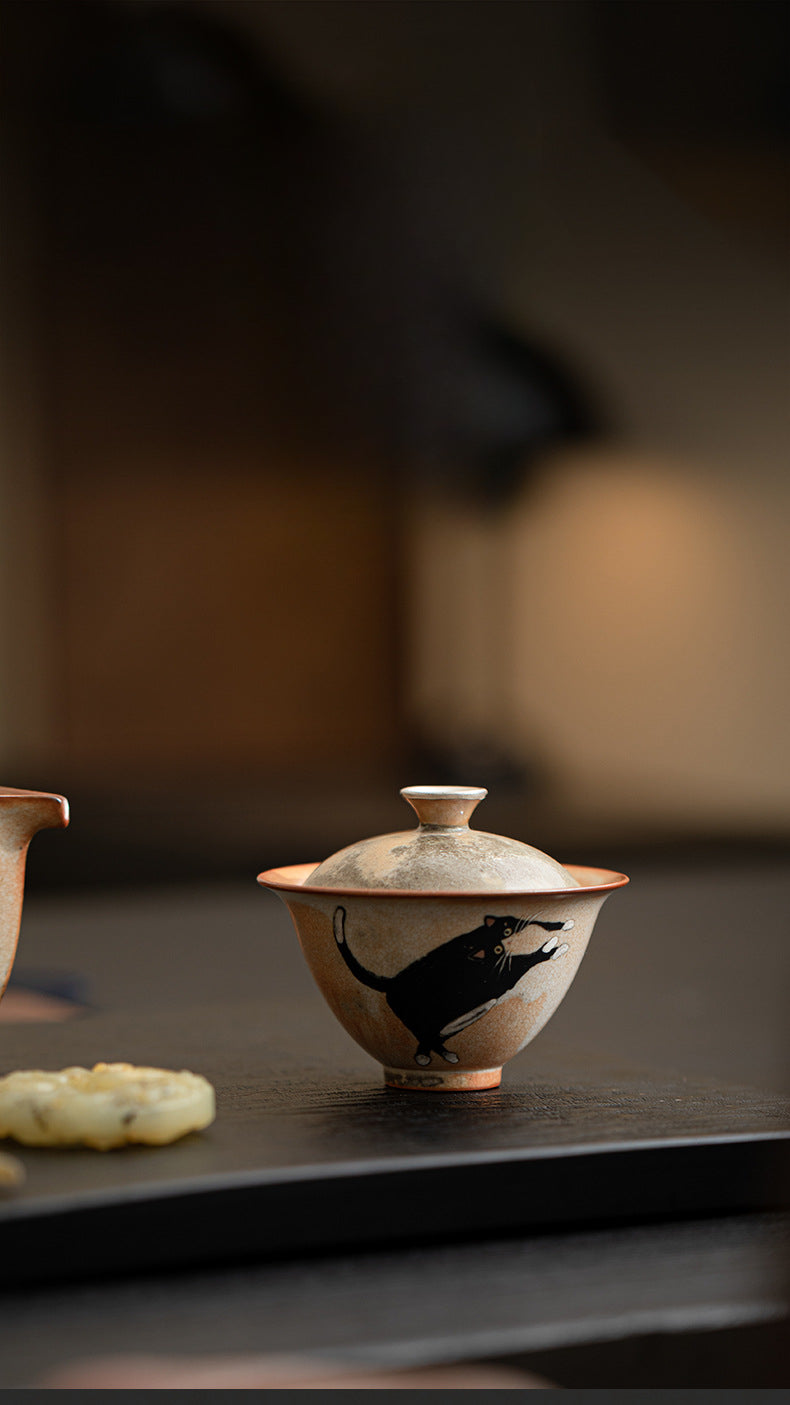 Gohobi Handmade Black Ink Hand-painted Cat Gaiwan 001