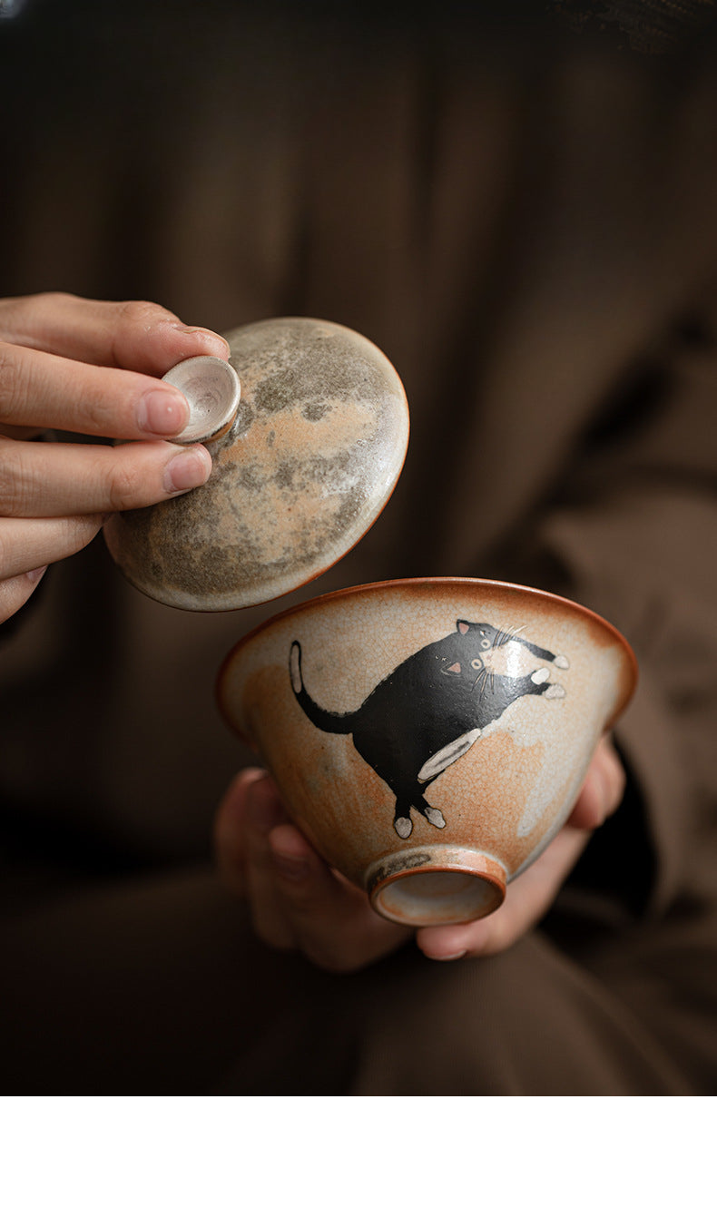 Gohobi Handmade Black Ink Hand-painted Cat Gaiwan 001