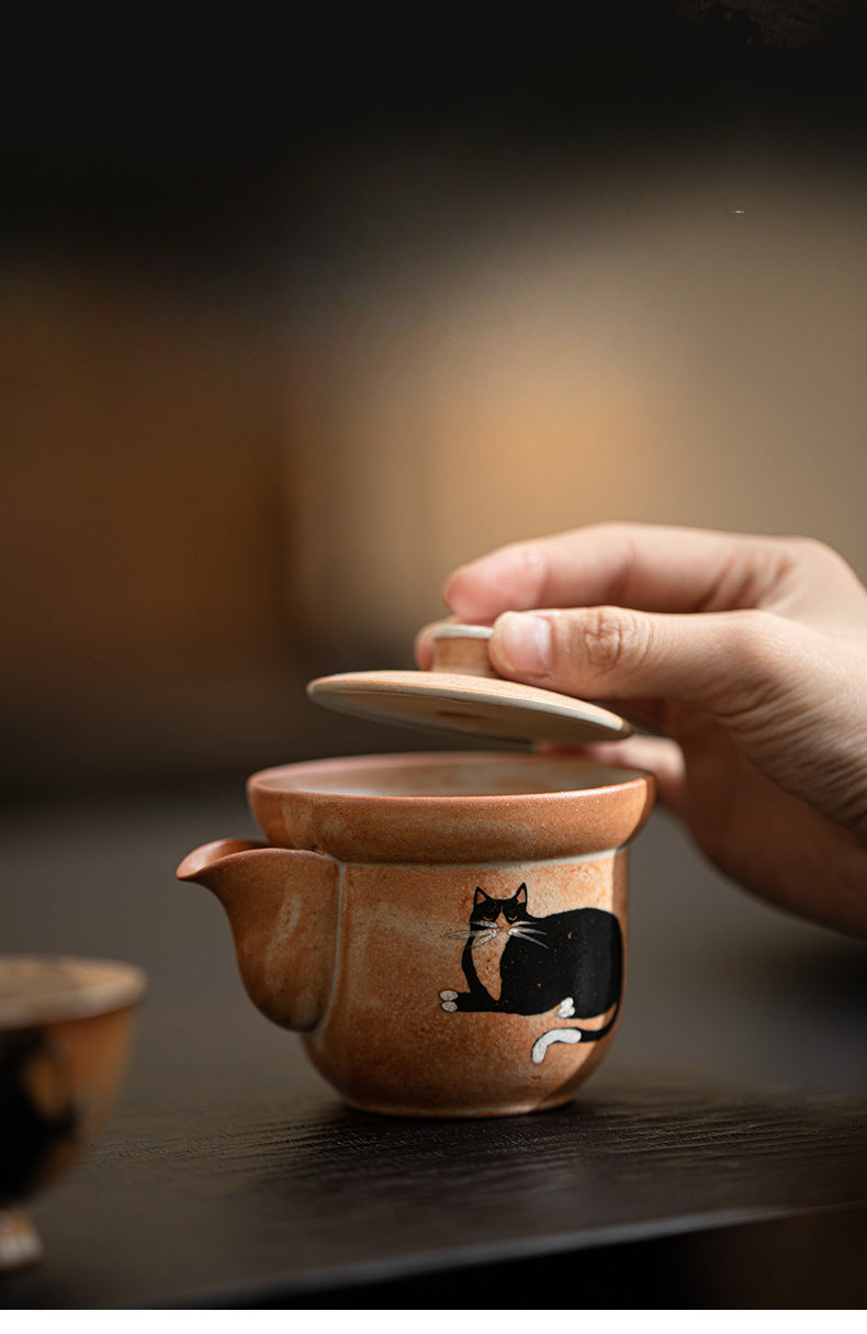 Gohobi Handmade Black Ink Hand-painted Cat Gaiwan 002 Hohin Teapot