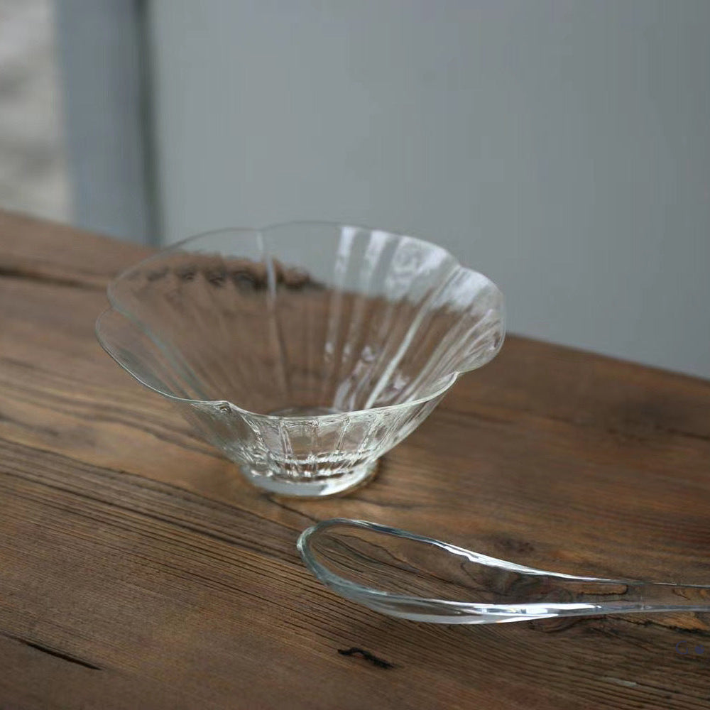 Gohobi Handcrafted Flower Glass Bowl with Spoon – Perfect for Matcha Ceremony, Lattes & Desserts