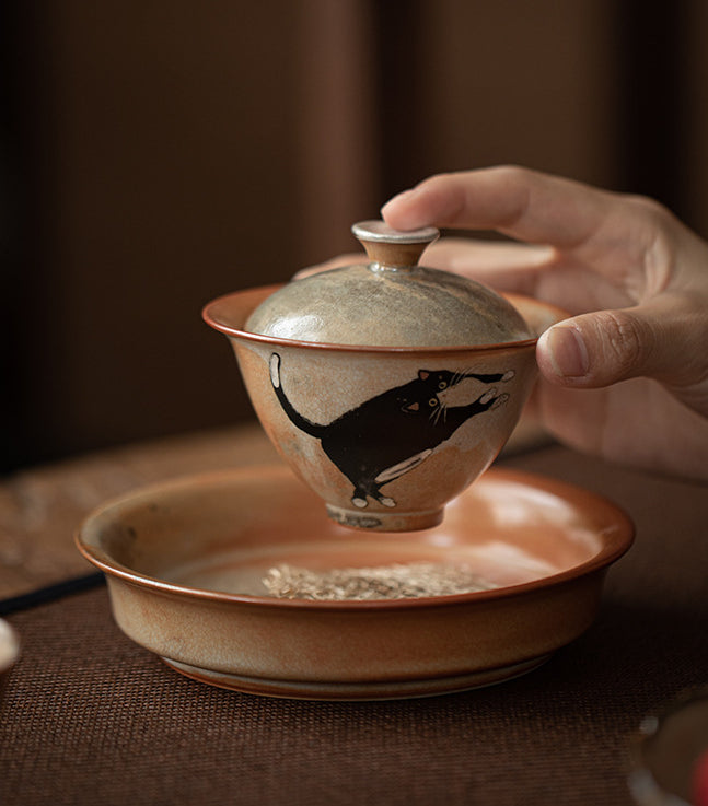Gohobi Handmade Black Ink Hand-painted Cat Gaiwan 001