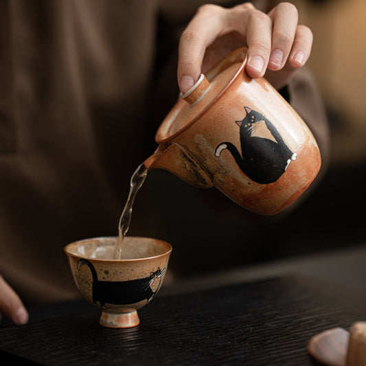 Gohobi Handmade Black Ink Hand-painted Cat Gaiwan 008 Hohin Teapot
