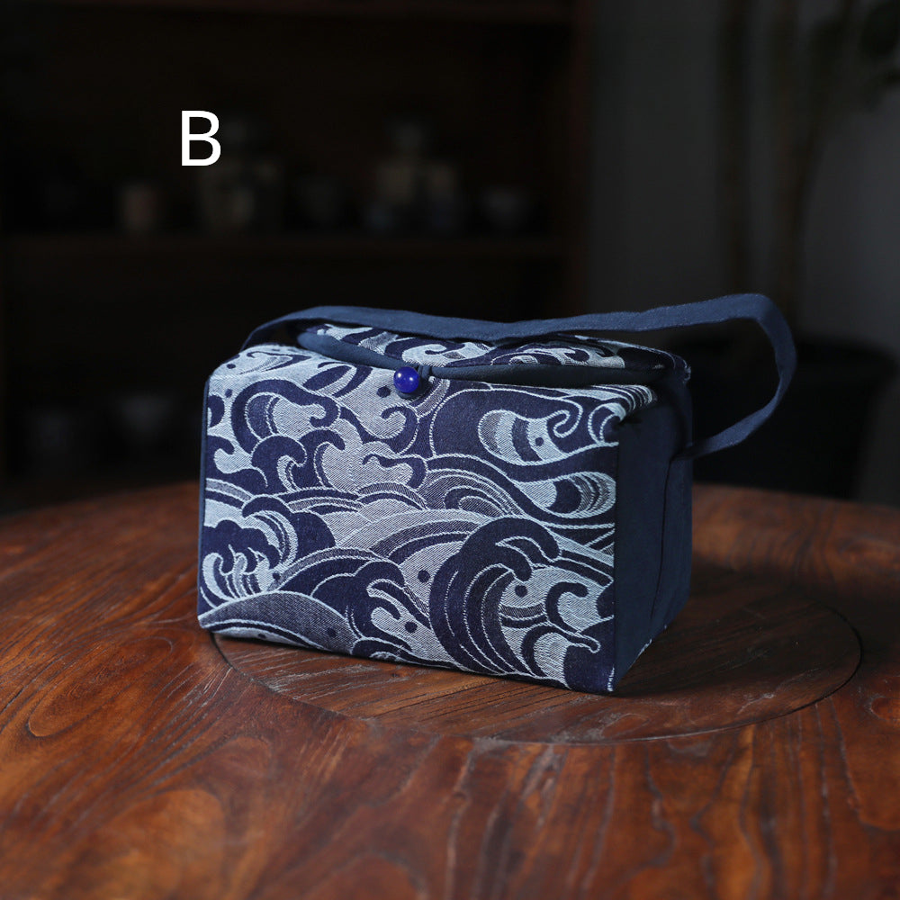 Gohobi Large Blue Wave Pattern Teaware Storage Travel Bag Shifuku