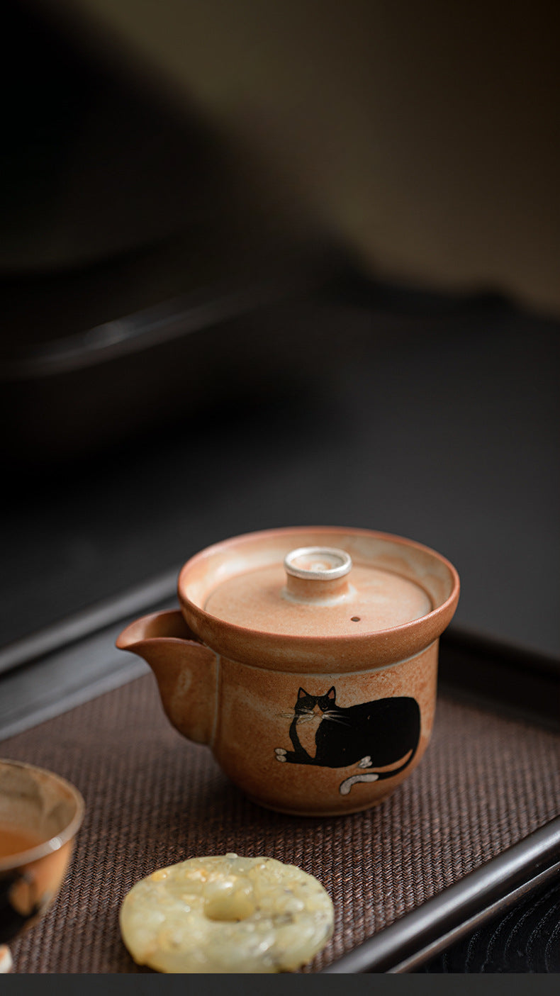 Gohobi Handmade Black Ink Hand-painted Cat Gaiwan 002 Hohin Teapot