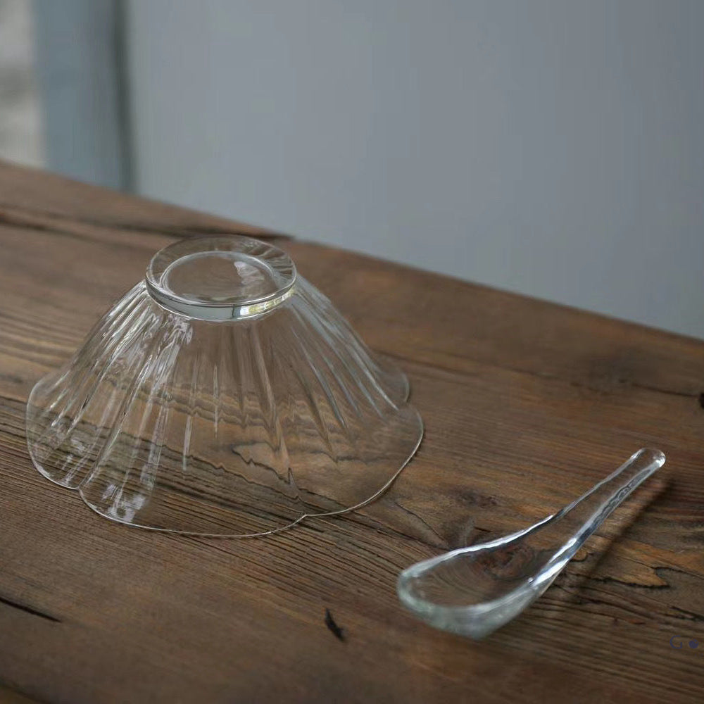 Gohobi Handcrafted Flower Glass Bowl with Spoon – Perfect for Matcha Ceremony, Lattes & Desserts