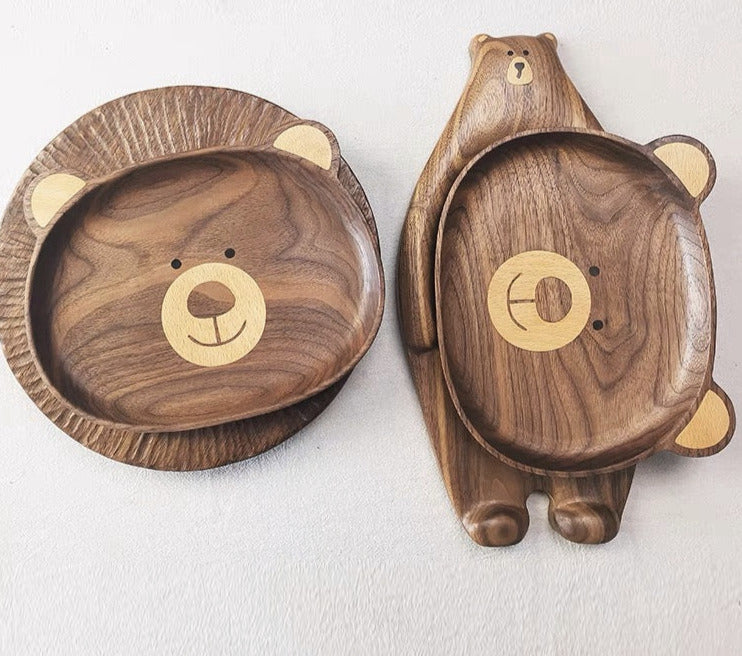 Plateau rond en forme d'ours en noyer Gohobi