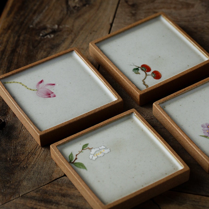 Gohobi Hand painted ceramic Flowers Coasters Chinese Gongfu tea Kung fu tea Japanese Chado Oriental tea coaster