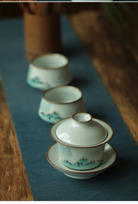 Gohobi Hand painted Mountain Gaiwan Tea Cup Ceramic Chinese Gongfu tea gift set Japanese Chado