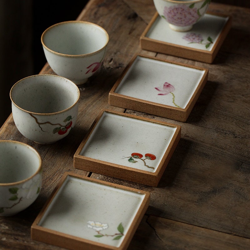 Gohobi Hand painted ceramic Flowers Coasters Chinese Gongfu tea Kung fu tea Japanese Chado Oriental tea coaster
