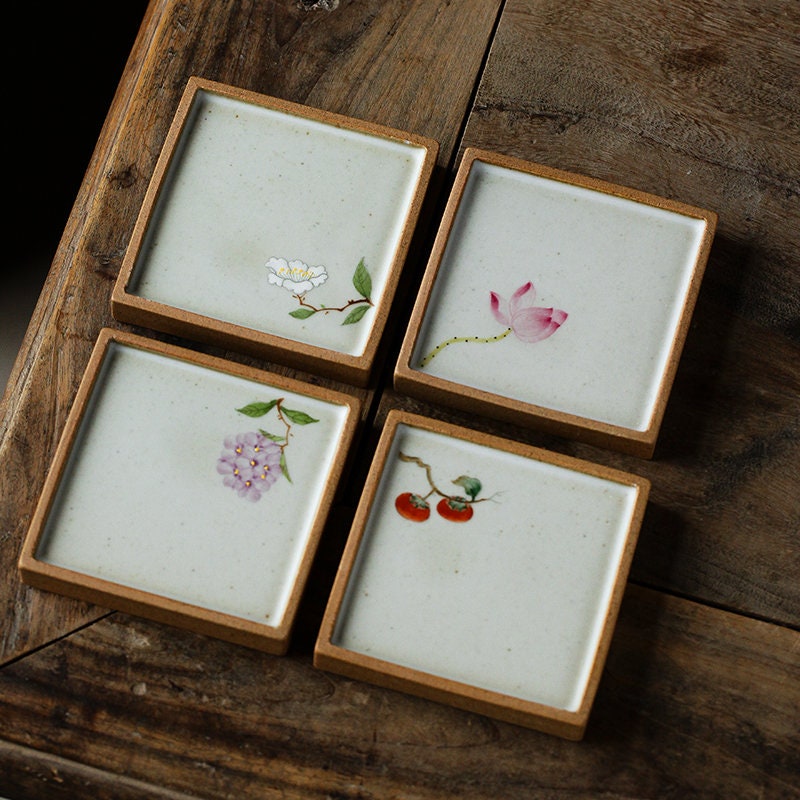 Gohobi Hand painted ceramic Flowers Coasters Chinese Gongfu tea Kung fu tea Japanese Chado Oriental tea coaster