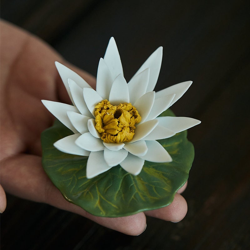 Gohobi Handmade Ceramic White lotus White camellia Incense stick holder Gongfu tea Japanese Chado