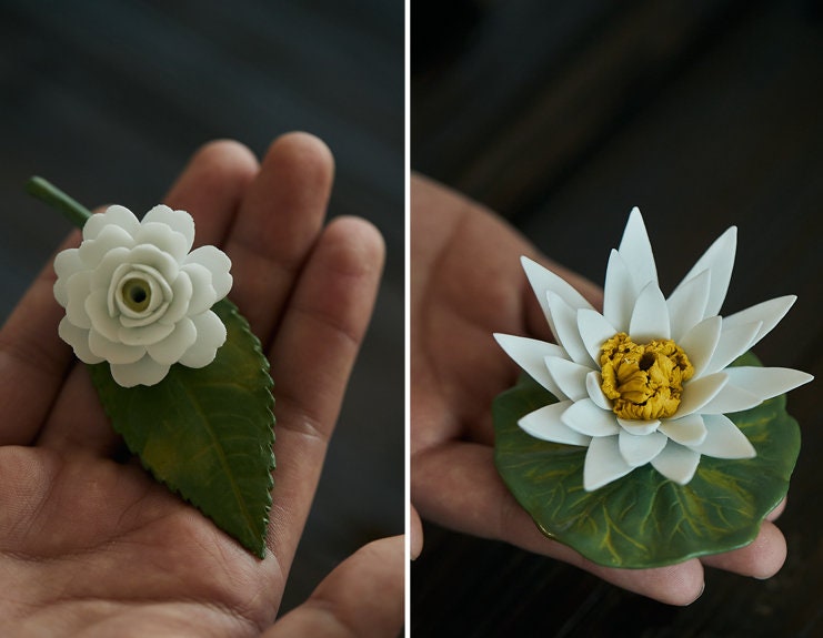 Gohobi Handmade Ceramic White lotus White camellia Incense stick holder Gongfu tea Japanese Chado