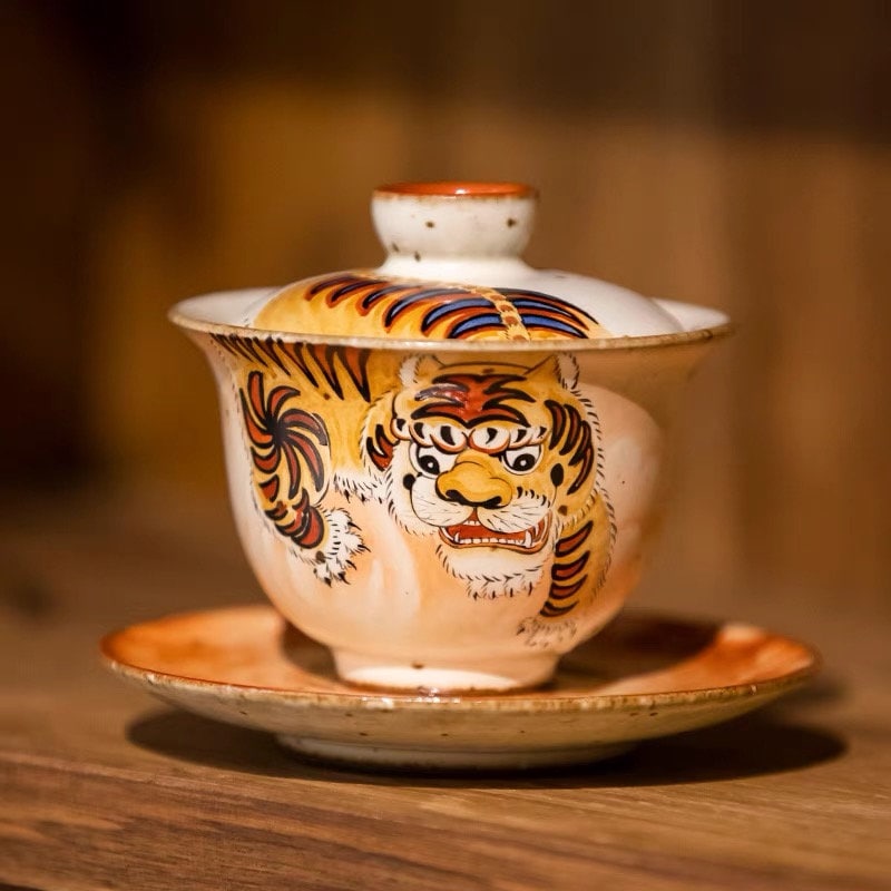 Gohobi Tiger Handmade gaiwan Tea cup and Set. Hand painted, Rustic, Minimalistic Japanese Tea, Green Tea, Gongfu tea