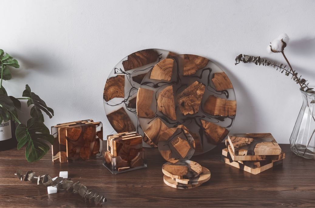 Gohobi 10CM (3.94”) Round Square wooden Resin coaster epoxy tea unique handmade gift placemats Teaware Japanese house living room