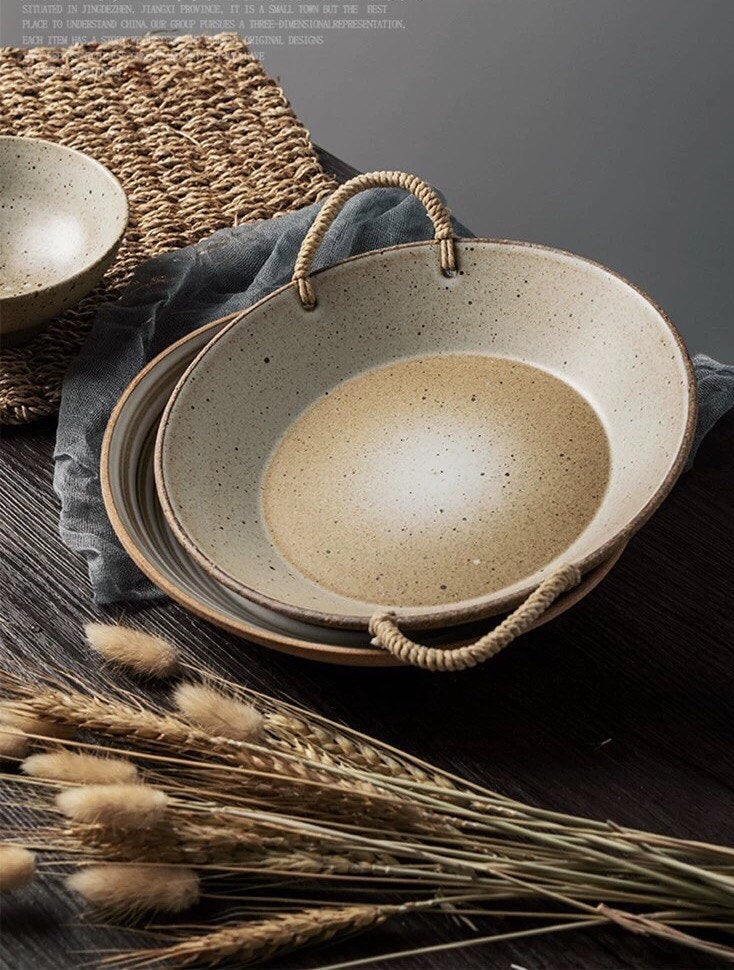 Gohobi Handmade ceramic pasta bowl plate with rattan holder Japanese style tableware stoneware