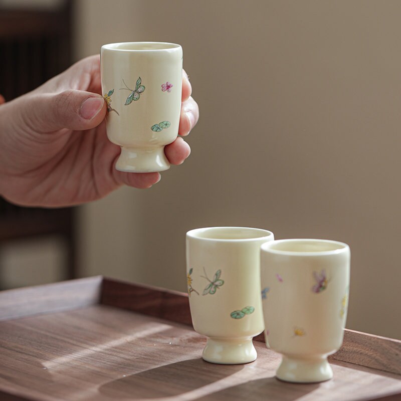 Gohobi Hand painted Butterfly Tea Cup Sake cup Ceramic Chinese Gongfu tea Kung fu tea Japanese Chado by local young designer