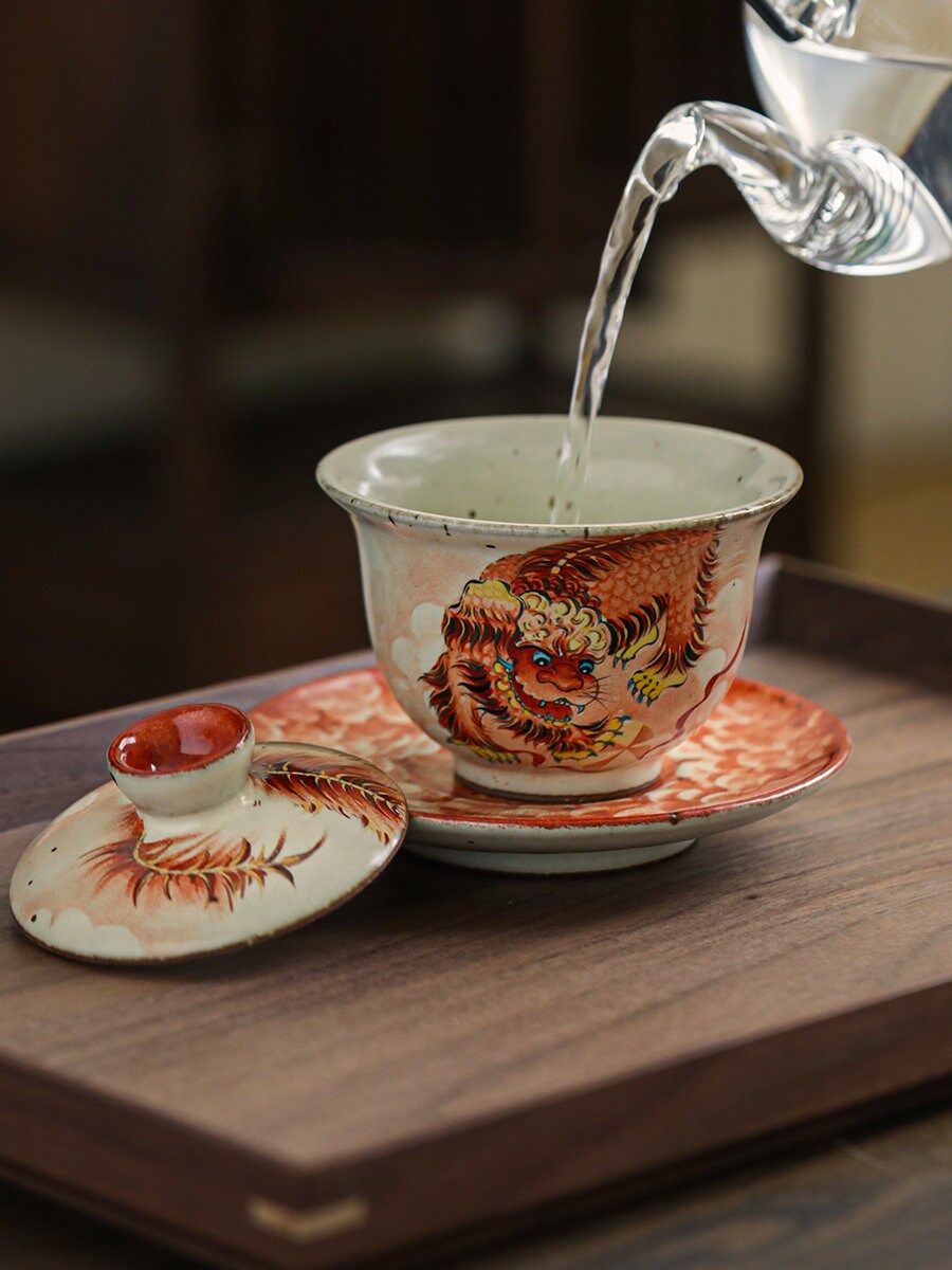 Gohobi Tiger Handmade gaiwan Tea cup and Set. Hand painted, Rustic, Minimalistic Japanese Tea, Green Tea, Gongfu tea