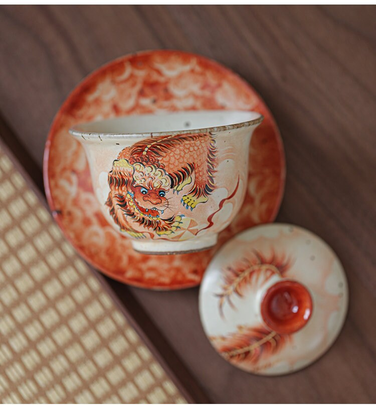 Gohobi Tiger Handmade gaiwan Tea cup and Set. Hand painted, Rustic, Minimalistic Japanese Tea, Green Tea, Gongfu tea