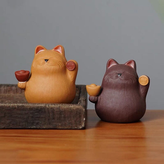 Gohobi Handmade cat ornaments Tea pets ceramic YiXing clay Chinese Gongfu tea Kung fu tea Japanese Chado unique ornaments
