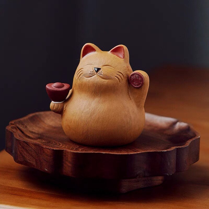 Gohobi Handmade cat ornaments Tea pets ceramic YiXing clay Chinese Gongfu tea Kung fu tea Japanese Chado unique ornaments
