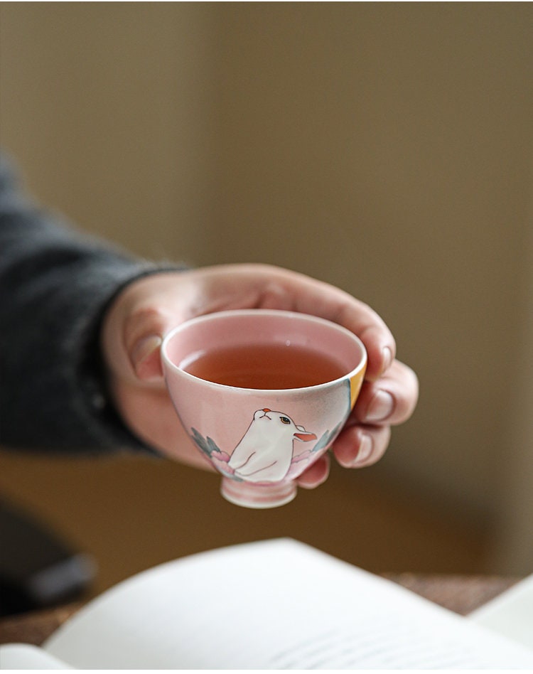 Gohobi Rabbit Handmade Pink Tea cup, Hand painted, vintage, high quality, Rustic, Minimalistic Japanese Tea, Green Tea, Gongfu tea