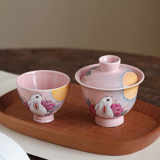 Gohobi Rabbit Handmade Pink gaiwan, Hand painted, vintage, high quality, Rustic, Minimalistic Japanese Tea, Green Tea, Gongfu tea