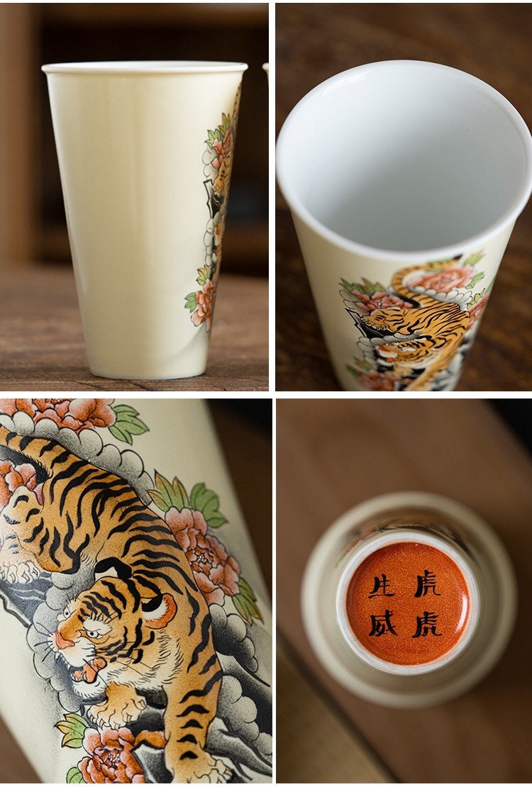 Gohobi Tiger Handmade Large drink cup tea cup Hand painted, Rustic, Minimalistic Japanese Tea, Green Tea, Gongfu tea