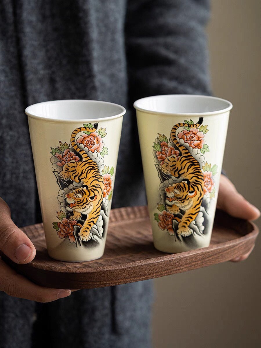 Gohobi Tiger Handmade Large drink cup tea cup Hand painted, Rustic, Minimalistic Japanese Tea, Green Tea, Gongfu tea