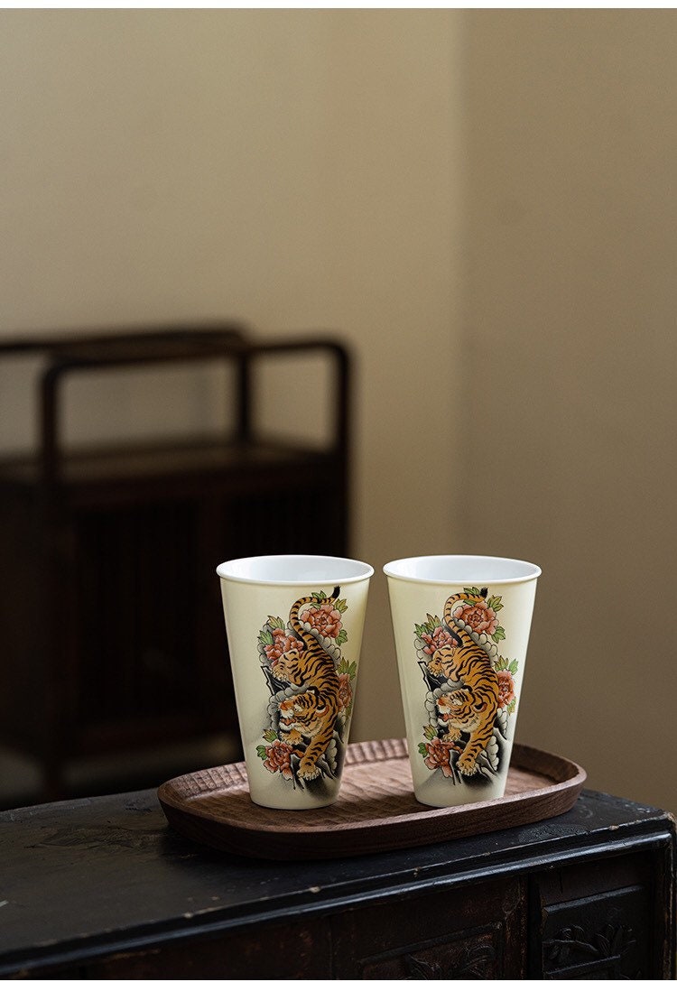Gohobi Tiger Handmade Large drink cup tea cup Hand painted, Rustic, Minimalistic Japanese Tea, Green Tea, Gongfu tea
