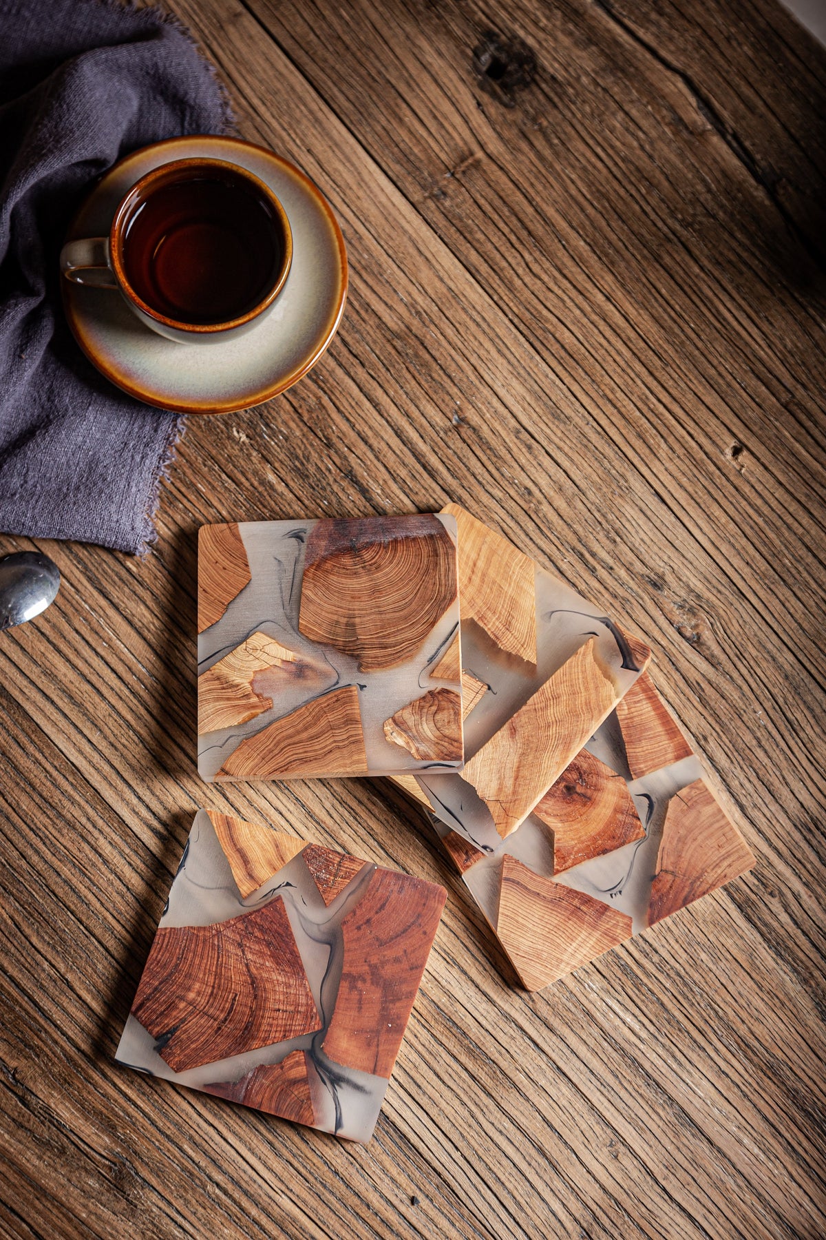 Gohobi Set of Wood Coaster Resin Coasters Square shape epoxy tea drink unique handmade coaster placemats Teaware Japanese drinkware