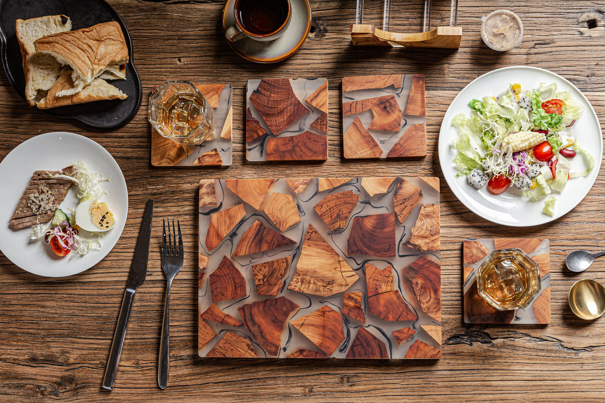 Gohobi Set of Wood Coaster Resin Coasters Square shape epoxy tea drink unique handmade coaster placemats Teaware Japanese drinkware