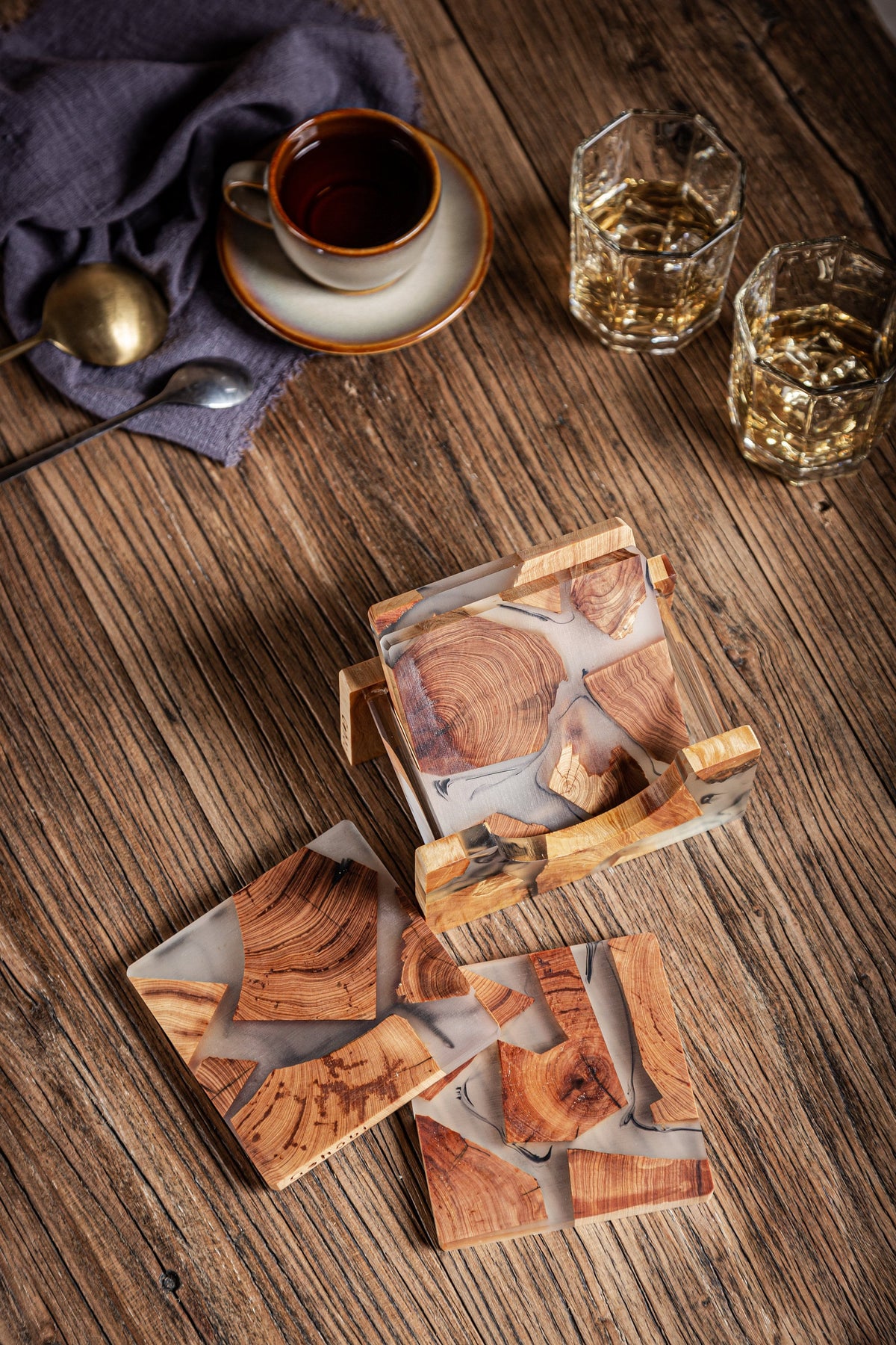 Gohobi Set of Wood Coaster Resin Coasters Square shape epoxy tea drink unique handmade coaster placemats Teaware Japanese drinkware